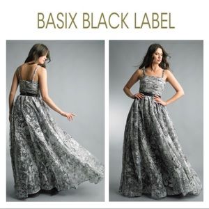 BASIX Floral-Print Pleated Bust A-Line Gown